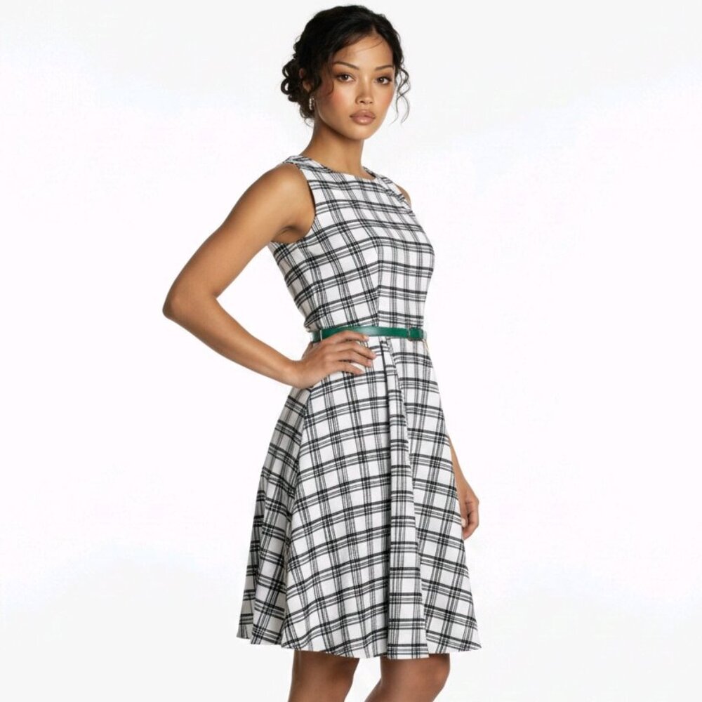 Eva Mendes Black And White Dress With Green Belt